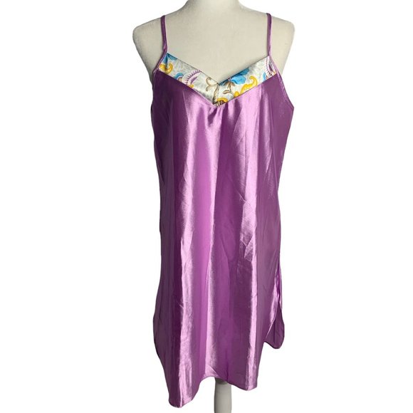 Reasa Martin Other - Vintage 80s Silky Nightgown L Purple Floral Spaghetti Straps V Neck Round Hem